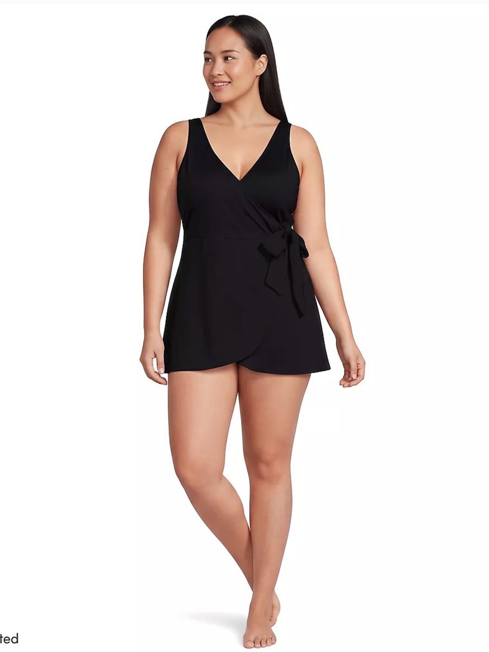 Lands End 22W DD Plus-Size Black Wrap Swimdress with Tie Waist